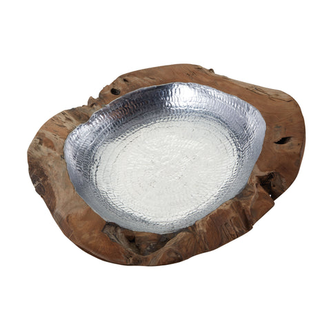 Large Round Teak Bowl With Aluminum