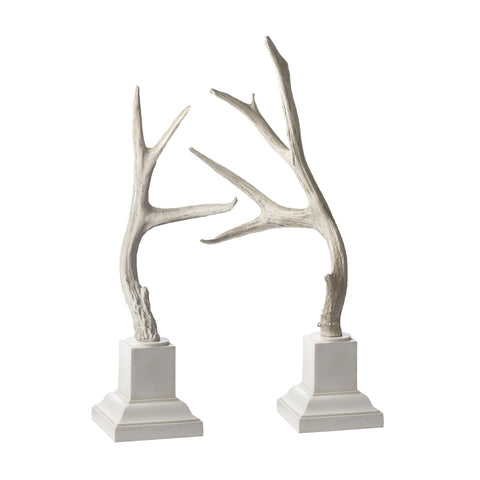 Weathered Resin Buck Antlers On White Base - Set Of 2 