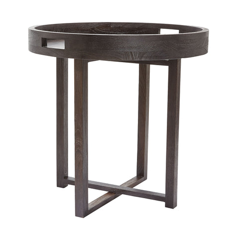 Large Round Black Teak Side Table Tray 