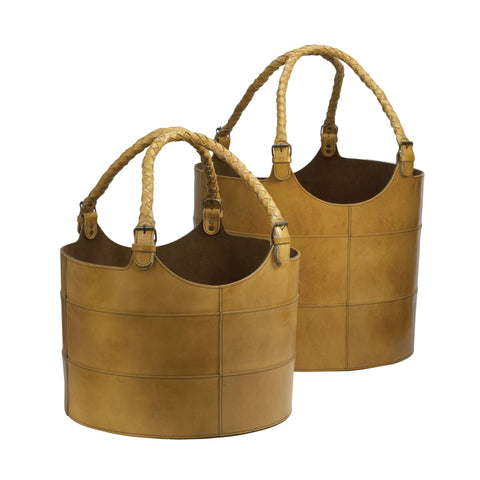 Nested Caramel Leather Buckets-Set Of 2