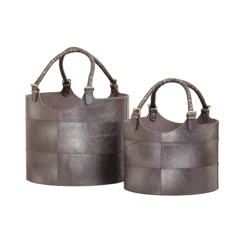 Nested Gunmetal Leather Buckets-Set Of 2