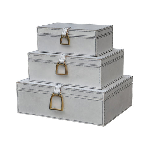 Nested White Leather and Brass Boxes