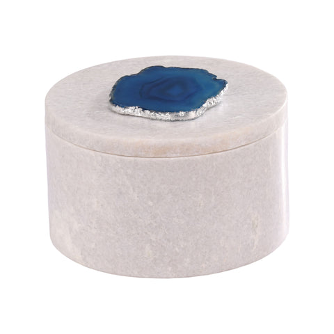 Antilles Round Box In White Marble And Blue Agate