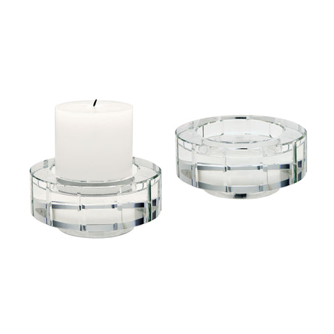 Round Windowpane Crystal Candleholders - Large. Set Of 2