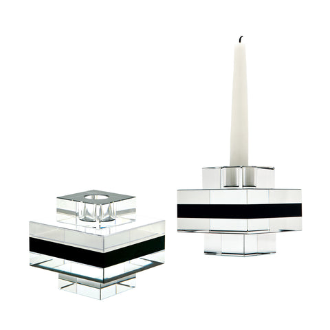 Square Tuxedo Crystal Pedestal Candleholders - Set Of 2