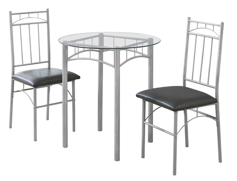 L&S Basics 10002 Dining Set - 3Pcs Set / Silver Metal / Tempered Glass