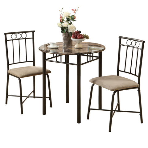 L&S Basics 10485 Dining Set - 3Pcs Set / Cappuccino Marble / Bronze Metal