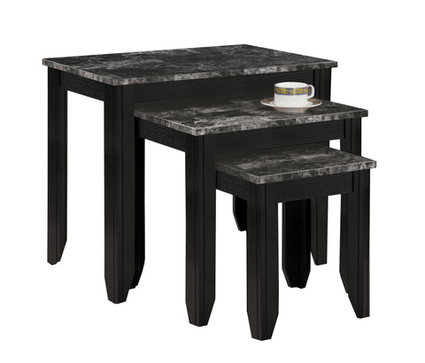 L&S Basics 10549 Nesting Table - 3Pcs Set / Black / Grey Marble Top