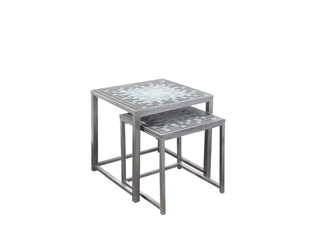 L&S Basics 10559 Nesting Table - 2Pcs Set / Grey / Blue Tile Top / Silver