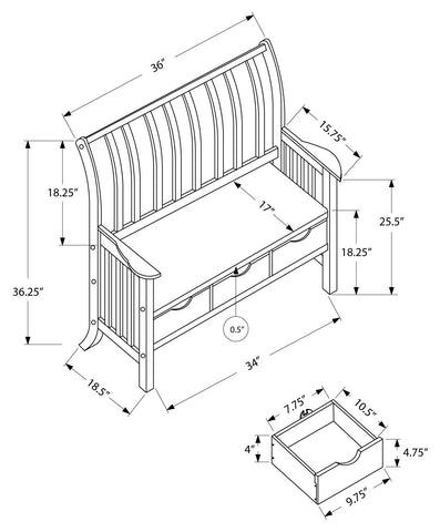 L&S Basics 10737 Bench - 41"L / Cappuccino Solid Wood With 3 Drawers