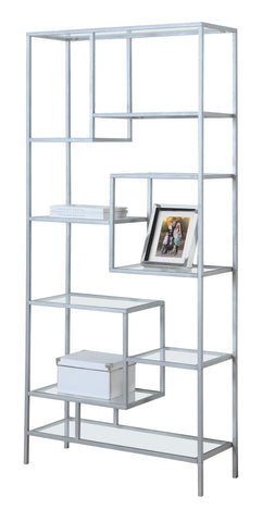 L&S Basics 10859 Bookcase - 72"H / Silver Metal With Tempered Glass